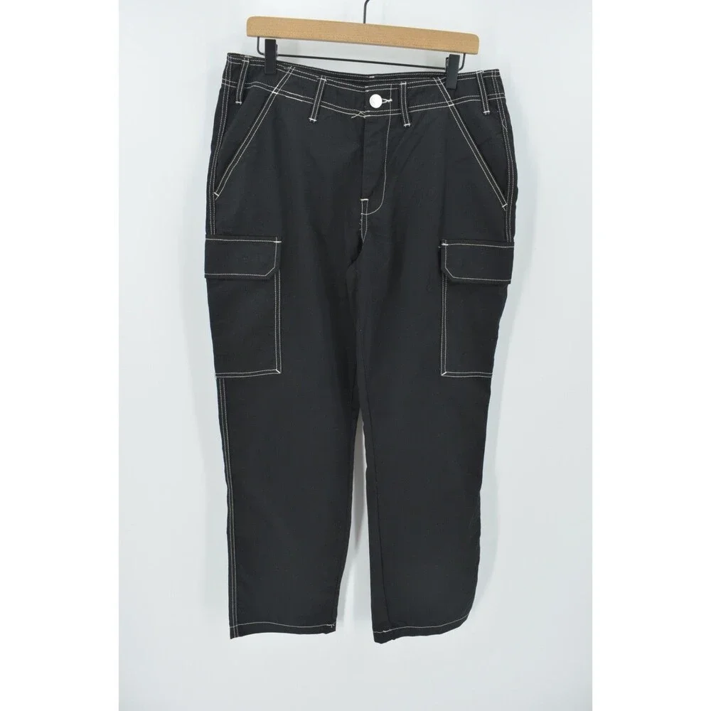 True Religion Brand Men Baggy Cargo Trousers Jet Black Contrast Stitch 32 NWT